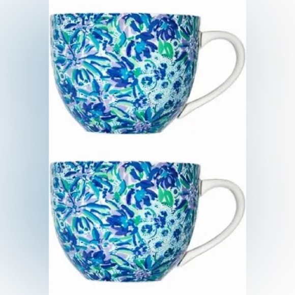 Lilly Pulitzer Set of 2 Blue Floral Mugs Cups Ceramic Coffee Tea 12oz - Picture 1 of 13